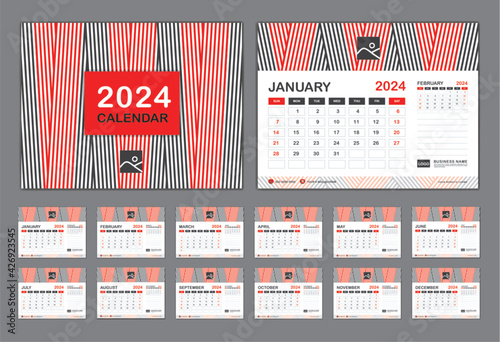 Calendar 2024 template vector, Set Desk calendar 2024 template, New year calendar in a minimal trendy style, Wall calendar design, Planner, Week start on Sunday, Set of 12 Months, Red cover design.