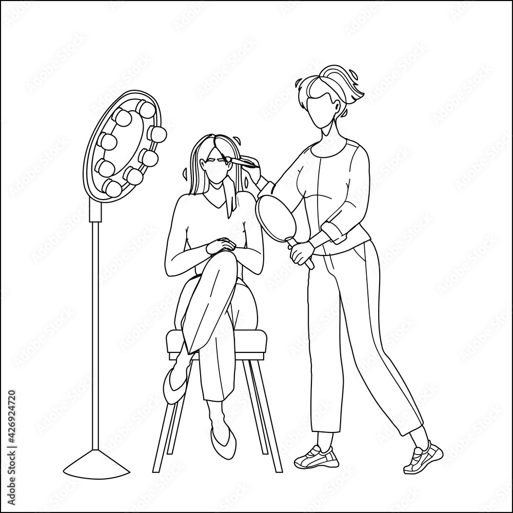Eyebrow Salon Service Getting Girl Client Black Line Pencil Drawing Vector. Beauty Master Make Young Woman Eyebrow Correction Makeup, Cosmetology Treatment. Characters Specialist And Customer Eyebrow Salon Service Getting Girl Client Black Line Pencil Drawing Vector. Beauty Master Make Young Woman Eyebrow Correction Makeup, Cosmetology Treatment. Characters Specialist And Customer