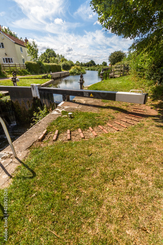 Maunsel Lock, canal lock on the Bridgewater and Taunton Canal wide angle.