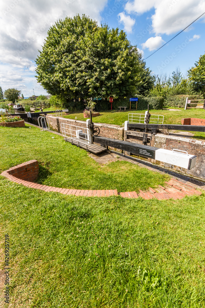 Maunsel Lock, canal lock on the Bridgewater and Taunton Canal, wide angle.