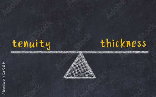 Chalk drawing of scales with words tenuity and thickness. Concept of balance