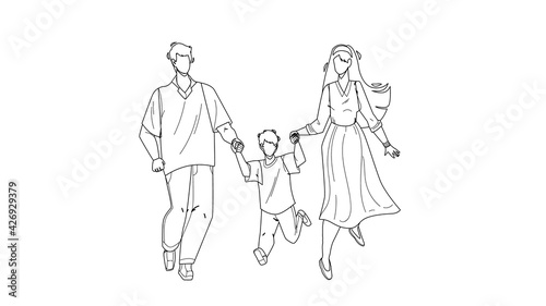 Healthy Family Walking Together Outdoor Black Line Pencil Drawing Vector. Father, Mother And Son Healthy Family Walk Together In Park. Characters Man, Woman And Child Have Funny Leisure Time