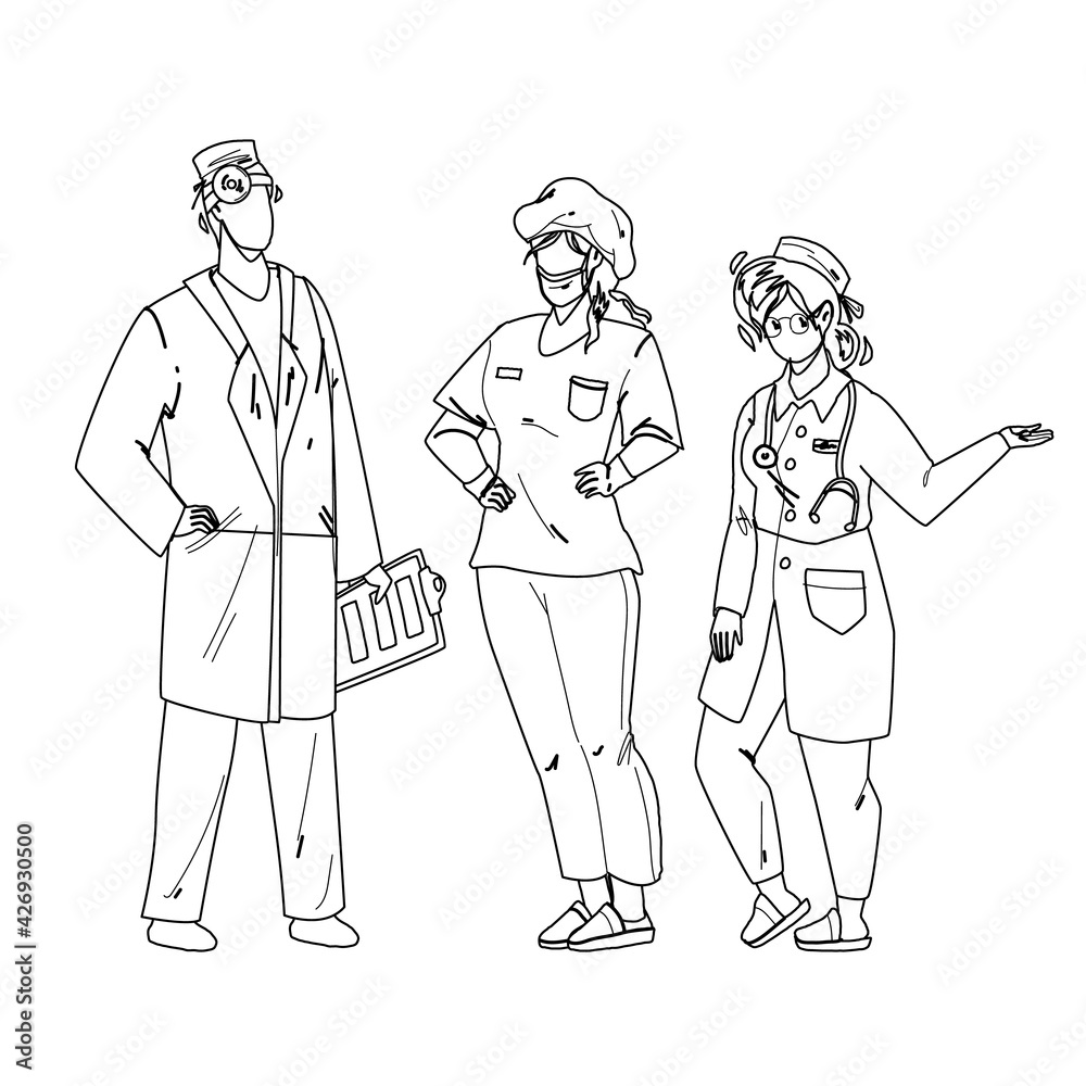 Hospital People Doctor And Nurse Colleagues Black Line Pencil Drawing Vector. Hospital People Employees Wearing Professional Uniform, Facial Mask And Stethoscope. Characters Clinic Workers Hospital People Doctor And Nurse Colleagues Black Line Pencil Drawing Vector. Hospital People Employees Wearing Professional Uniform, Facial Mask And Stethoscope. Characters Clinic Workers