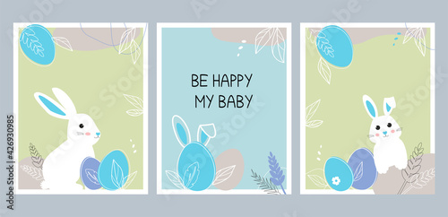 Set of posters with bunnies for a boy. Posters on a gentle blue and green background. With the phrase Be happy my baby. Great Polarok for a christening or birthday.