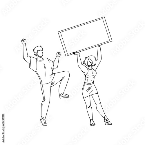 Jackpot Win Money Lucky Boy And Girl Couple Black Line Pencil Drawing Vector. Young Man Dancing And Woman Holding Check, Celebrating Jackpot Win. Characters Winning Prize In Gambling Game Illustration