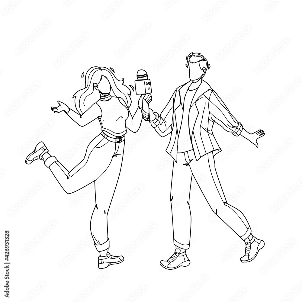 Fototapeta premium Couple Singing In Karaoke Club Together Black Line Pencil Drawing Vector. Young Man And Woman Sing Song With Microphone In Karaoke Nightclub. Characters People Party, Activity Funny Time Illustration