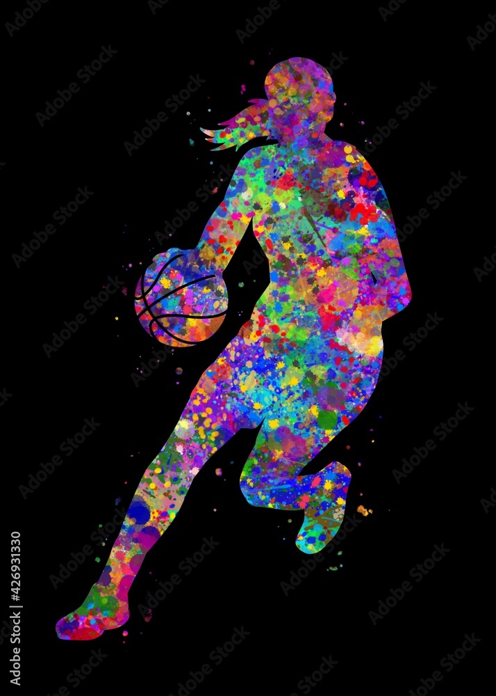 Basketball player female watercolor art with black background, abstract sport painting. sport art print, watercolor illustration rainbow, colorful, decoration wall art.