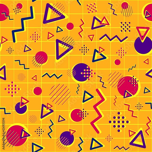 Geometric seamless pattern with purple and magenta shapes. Repetitive psychedelic and funky background with circles, triangles and zigzag lines. Creative business wallpaper for websites.