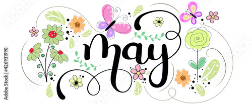 Hello May. MAY month vector with flowers, butterflies and leaves. Decoration floral. Illustration month may	