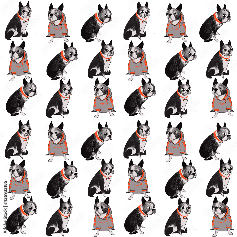 Boston terrier dog seamless pattern colorful with cute dogs. digital illustration for paper, print