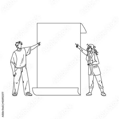 Look On Paper List Showing Boy And Girl Black Line Pencil Drawing Vector. Young Man And Woman Talking Look And Pointing On Blank Card. Characters Managers Businesspeople Advertising Illustration