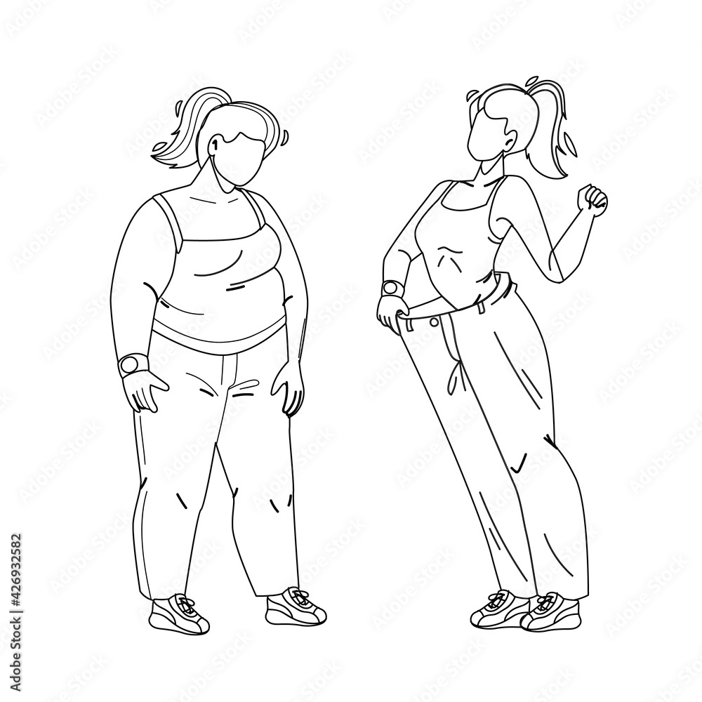 Loose Weight Woman Before And After Look Black Line Pencil Drawing Vector. Fat Girl And Lost Weight Thin, Diet Or Fitness Sport Exercise. Character Lady Overweight And With Athletic Figure