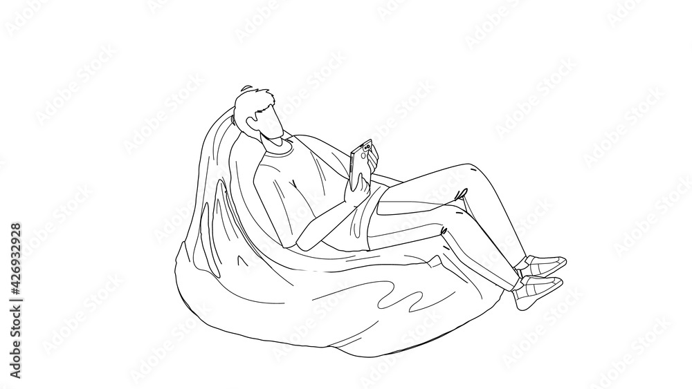 Man Relax On Bean Bag And Playing On Phone Black Line Pencil Drawing Vector. Young Boy Have Leisure Time And Relax On Soft Sofa. Character Freelancer Businessman Relaxing After Work Illustration