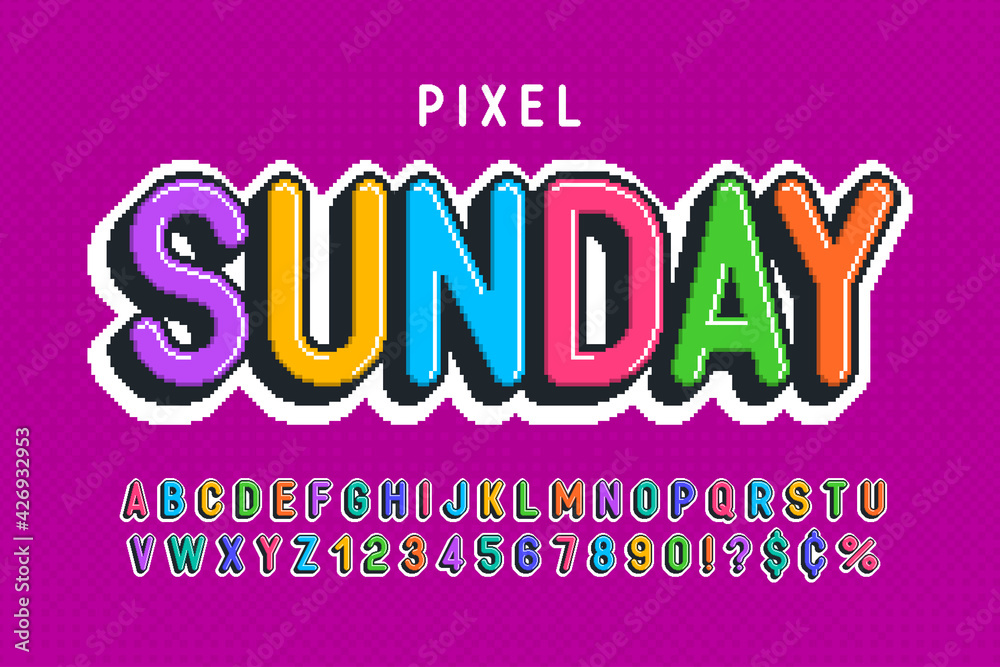 Pixel vector alphabet design, stylized like in 8-bit games. High contrast and sharp, retro-futuristic.