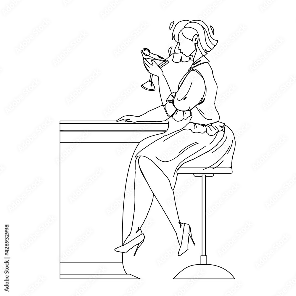 Vettoriale Stock Martini Beverage Drink Girl At Bar Counter Black Line  Pencil Drawing Vector. Young Woman Drinking Alcoholic Dry Cocktail Martini,  Prepared From Vermouth And Olives. Character With Alcohol Liquid | Adobe