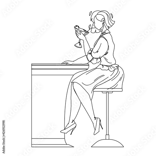 Martini Beverage Drink Girl At Bar Counter Black Line Pencil Drawing Vector. Young Woman Drinking Alcoholic Dry Cocktail Martini, Prepared From Vermouth And Olives. Character With Alcohol Liquid