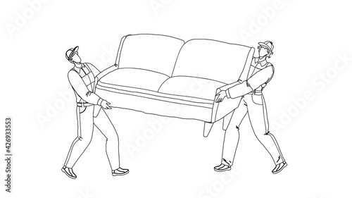 Movers Carry Sofa And Move To New House Black Line Pencil Drawing Vector. Transportation And Move Service Workers Men Moving Couch And Boxes. Characters Carrying Furniture And Cardboards Illustration