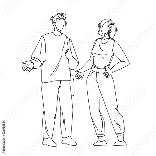 People Talking And Discussing Together Black Line Pencil Drawing Vector. Young Man And Woman People Talking, Have Funny Discussion Or Planning For Togetherness. Characters Boy And Girl Communication