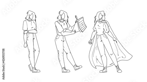 Personal Growth Career Young Business Woman Black Line Pencil Drawing Vector. Unemployed Girl, Education And Successful Found Job And Working Skills, Personal Growth. Character Lady Self-development