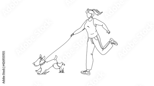 Pet Walking And Running In Park With Girl Black Line Pencil Drawing Vector. Young Woman Walk And Run With Dog Pet Outdoor. Character With Domestic Animal Have Enjoying Leisure Time Together