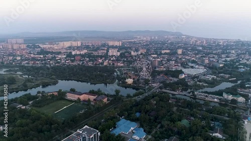 Aerial panorama of the beach of the Black Sea coast of the city of Anapa