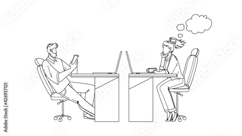 Procrastinating Office Workers Colleagues Black Line Pencil Drawing Vector. Man Play On Phone And Woman Sitting At Table, Watching Computer Screen And Drinking Coffee, Procrastinating Work. Characters