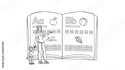 Remote Home Education Mother With Child Black Line Pencil Drawing Vector. Mom Homeschooling Education Lesson Little Son, Reading And Showing Abc Book. Characters Family Studying Homework Illustration