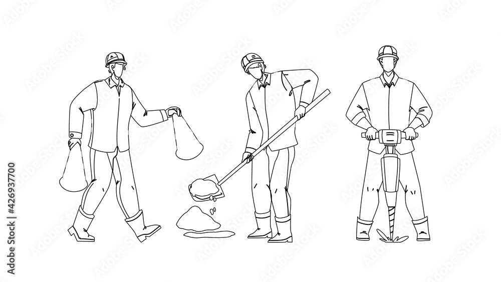 Road Worker Repairing Street Infrastructure Black Line Pencil Drawing Vector. Road Worker In Uniform Carrying Cones, Drilling And Patching Hole In Asphalt. Characters Builders Working Together Road Worker Repairing Street Infrastructure Black Line Pencil Drawing Vector. Road Worker In Uniform Carrying Cones, Drilling And Patching Hole In Asphalt. Characters Builders Working Together