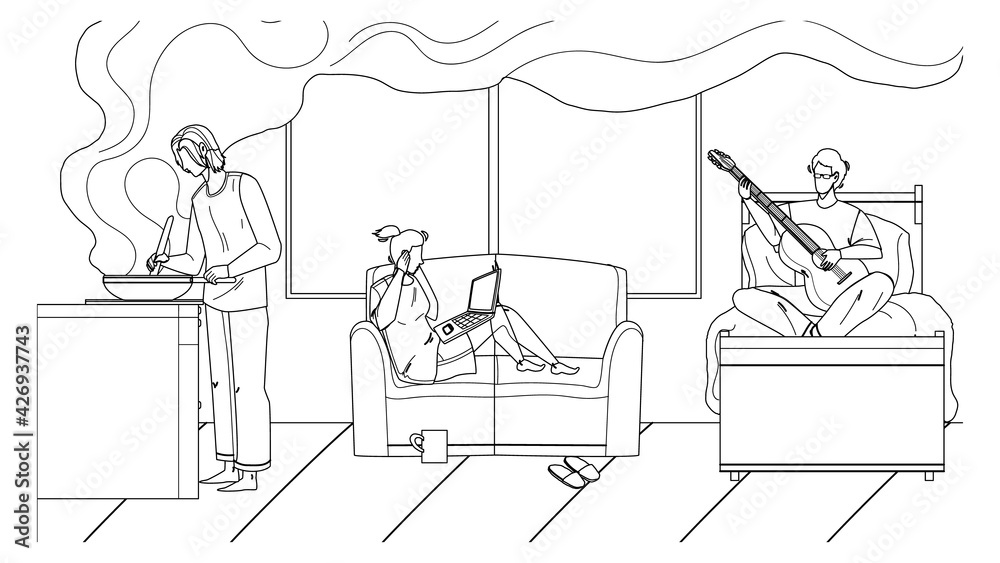 Roommate Problem In Student Hostel Room Black Line Pencil Drawing Vector. Girl Sitting On Sofa With Laptop And Cover Ears Because Boy Playing On Guitar, Lady Prepare Dish, Roommate Problem. Characters Roommate Problem In Student Hostel Room Black Line Pencil Drawing Vector. Girl Sitting On Sofa With Laptop And Cover Ears Because Boy Playing On Guitar, Lady Prepare Dish, Roommate Problem. Characters