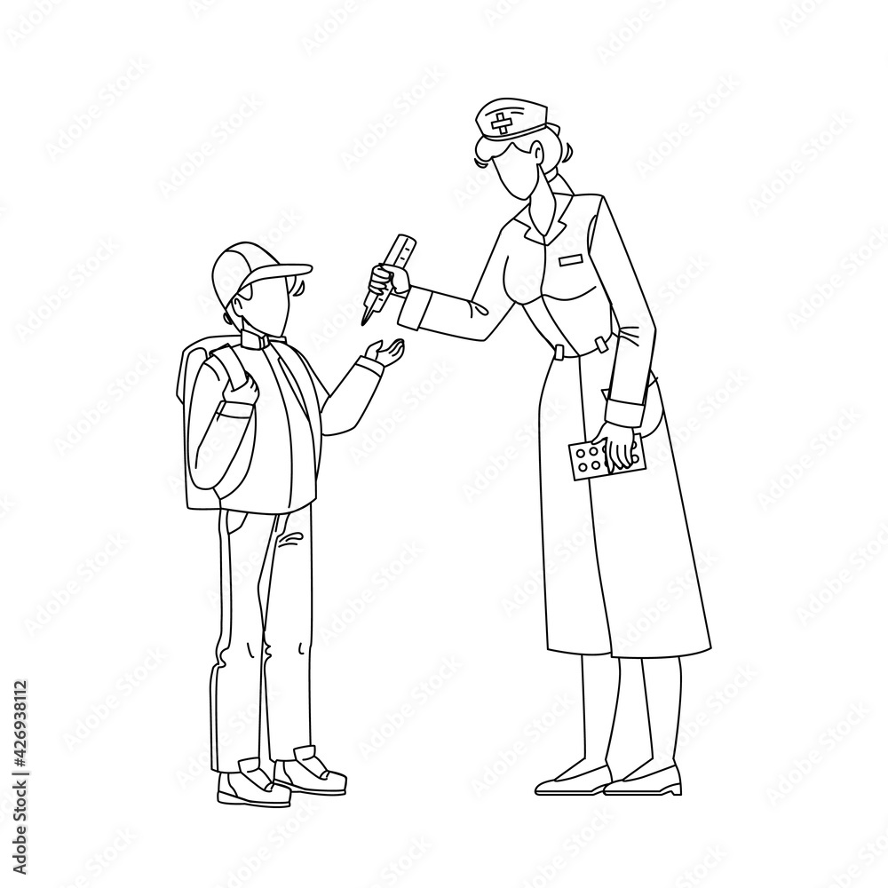 School Doctor Measuring Pupil Temperature Black Line Pencil Drawing Vector. School Doctor Holding Thermometer Medical Equipment And Medicine Drugs Package For Examination Boy Health. Characters School Doctor Measuring Pupil Temperature Black Line Pencil Drawing Vector. School Doctor Holding Thermometer Medical Equipment And Medicine Drugs Package For Examination Boy Health. Characters