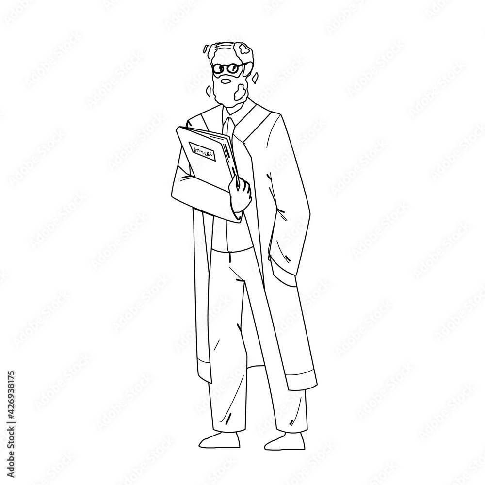 Scientist Old Man In Uniform With Folder Black Line Pencil Drawing Vector. Laboratory Worker Bearded Senior Scientist Wearing Glasses And Professional Costume. Character Science Profession Scientist Old Man In Uniform With Folder Black Line Pencil Drawing Vector. Laboratory Worker Bearded Senior Scientist Wearing Glasses And Professional Costume. Character Science Profession