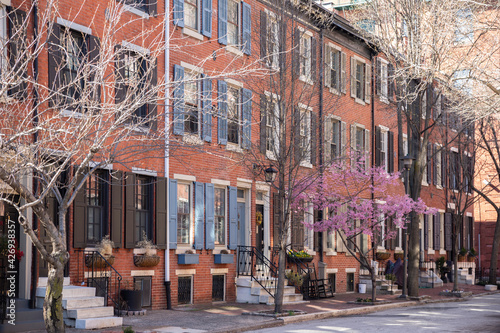 Rows of brownstone apartment buildings in Center City with windows, stoops and planters in Pennsylvania photo