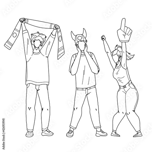 Sports Fans Cheering And Shouting Together Black Line Pencil Drawing Vector. Young Men And Woman Sports Fans With Sportive Attributes Scarf, Hat And Hand Cheer Team. Characters Sporting Event