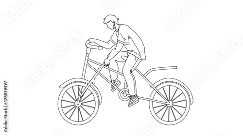 Stupidity Boy Put Spoke In Bicycle Wheel Black Line Pencil Drawing Vector. Stupid Man Bicycling And Putting Stick In Transport Wheel. Character Guy Riding Bike And Make Dangerous Action Illustration