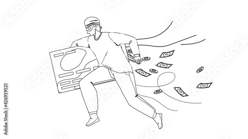 Thief Man Stealing Money From Credit Card Black Line Pencil Drawing Vector. Thief Running With Steal Finance, Bandit Burglar Boy Theft. Character Gangster Financial Criminal, Illegal Occupation