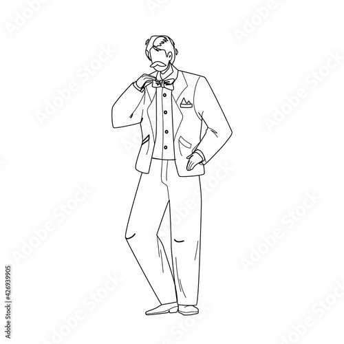 Tuxedo And Butterfly Tie Wearing Young Man Black Line Pencil Drawing Vector. Whiskered Businessman Wearing Elegant Tuxedo Costume Clothes. Character Guy In Elegance Classic And Stylish Suit