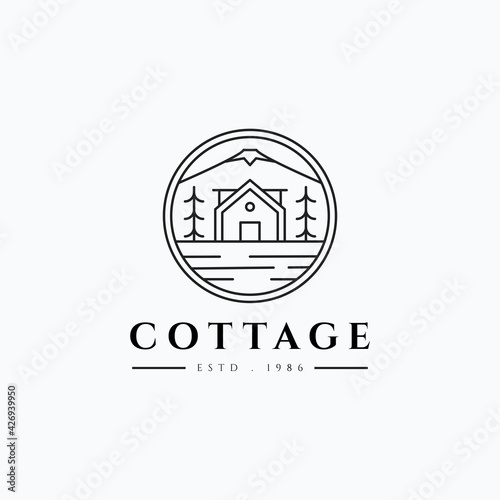 Summer minimalist line art cottage vector illustration logo design. Simple holiday cabin logo concept with mountain and pine trees