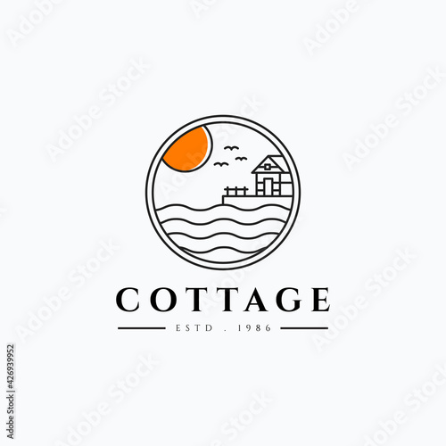 Summer cottage minimalist line art vector illustration logo design. Simple cabin logo concept