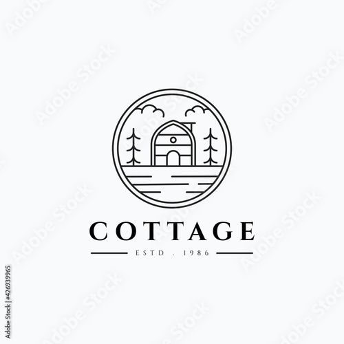 Outdoor minimalist line art cabin vector illustration design. Simple modern vacation cottage logo concept.