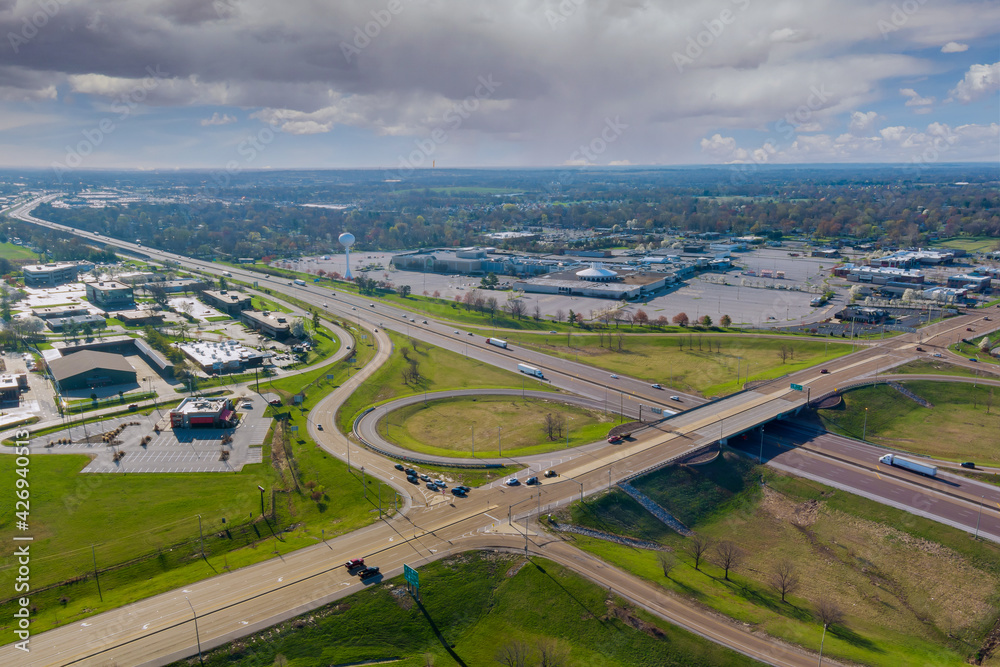 Above transport junction road aerial view with car movement transport industry near Fairview Heights Illinois US