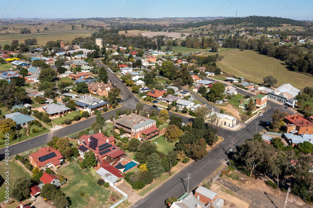 Aerial view of the central western country town of Canowindra, New South Wales, Australia.