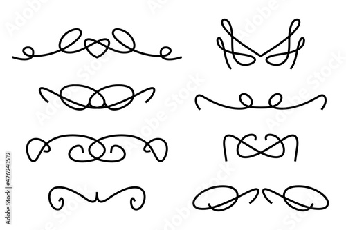 Vintage dividers and ornaments, calligraphic design elements and page decoration, retro style set, black isolated on white background, vector illustration.