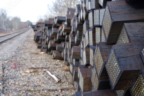 Stack of railroad ties waiting for installation
