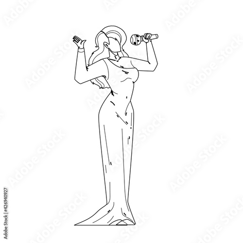 Woman Singer Singing Song In Microphone Black Line Pencil Drawing Vector. Blonde Hair Young Girl Singer In Attractive Evening Dress Holding Mic Electronic Equipment. Talent Elegant Character Lady
