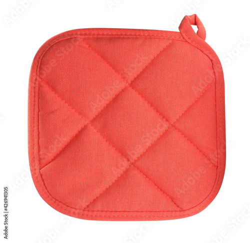 Oven potholder for hot dishes on white background, top view