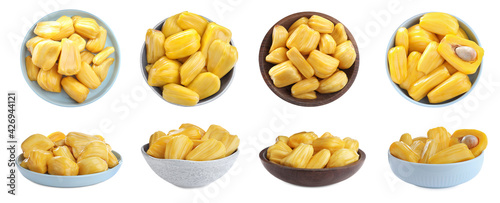 Delicious exotic jackfruit bulbs on white background. Banner design