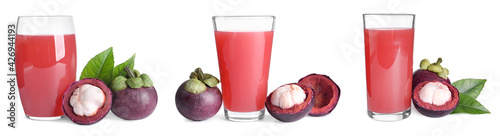 Set with delicious mangosteen juice and fresh fruits on white background. Banner design