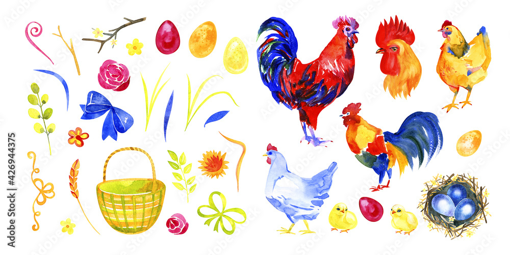 Fototapeta premium Set of watercolor images of hens, cocks and chicken. Hand drawn illustration isolated on white background. Farming or health food concept.