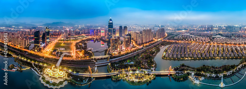 Aerial photography of the night view of Didang Lake Central Business District, Shaoxing, Zhejiang