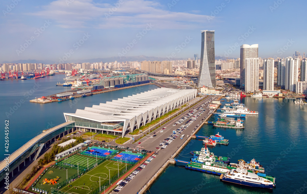 Aerial photography of Qingdao's western coastline port wharf